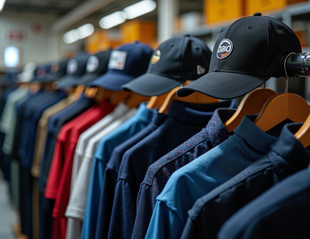 An organized display of various caps and shirts on hangers inside a clothing store.